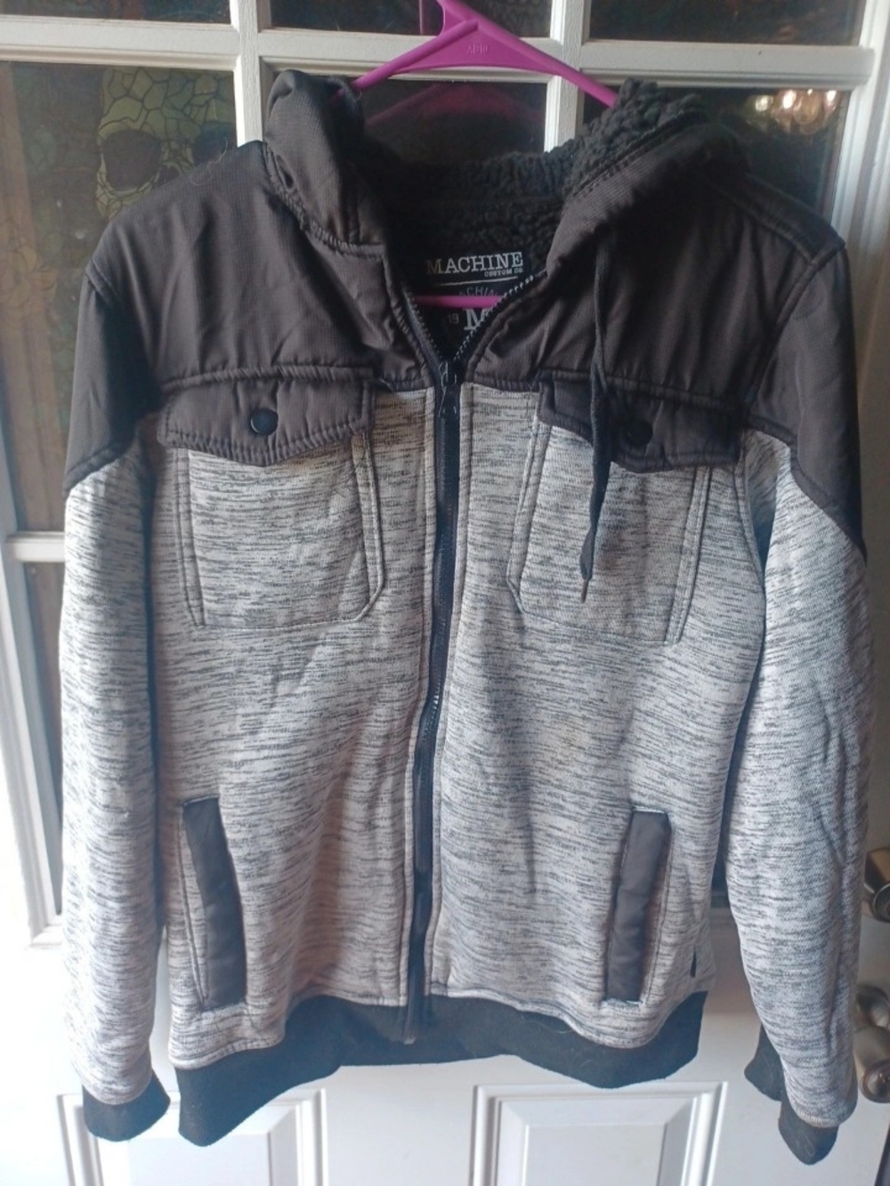 Machine Two-Tone Hooded Bomber Jacket in Gray and Black